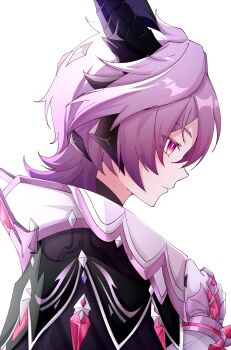 1boy black_horns closed_mouth commentary_request dragon_boy dragon_horns durin_(genshin_impact) from_side genshin_impact gloves highres horns kuro774_n male_focus medium_hair pink_eyes pink_hair simple_background solo upper_body white_background white_gloves