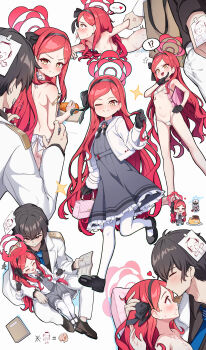 !? 1boy 2girls absurdres anger_vein apron arm_grab bikini bite_mark black_footwear black_gloves black_hair black_hairband black_shirt blue_archive blue_halo blue_necktie blush breasts carrot cherino_(blue_archive) collared_shirt completely_nude cum cum_in_mouth cum_on_body cum_overflow cumdrip doodle_sensei_(blue_archive) dress fake_facial_hair fake_mustache food full_body fur_hat gloves grey_dress grey_hair gro_(lee145879) hair_ornament hairband halo hat heart heavy_breathing hetero highres huge_filesize jacket loli long_hair lying multiple_girls multiple_views naked_apron necktie nude on_stomach open_clothes open_jacket open_mouth pantyhose pudding red_hair red_halo saliva sensei_(blue_archive) sequential sex sex_from_behind shaded_face shirt shoes short_hair sitting small_breasts spoken_interrobang standing steam stray_pubic_hair swimsuit takane_(blue_archive) tongue tongue_out two_side_up ushanka vegetable white_bikini white_headwear white_jacket white_pantyhose yellow_eyes