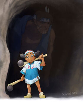 1boy 1girl :> armlet artist_name brown_hair cave dark-skinned_female dark-skinned_male dark_skin denim denim_jacket facepaint father_and_daughter fringe_trim headband headdress highres holding holding_weapon jacket jewelry lily_hawk mama_polar_bear_and_her_cub_(meme) manly meme muscular muscular_male native_american native_american_headdress on_lap open_clothes open_jacket pun quasimodox shaded_face shadow signature size_difference standing street_fighter street_fighter_6 thunder_hawk twintails weapon