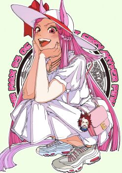 1girl air_max_95 animal_ears artist_name bag braid cellphone_charm character_doll charm_(object) commentary cross-shaped_pupils crown_braid doll dress ears_through_headwear elbows_on_knees eve_binti_(umamusume) full_body grey_shoes handbag hat head_rest highres horse_ears horse_girl horse_tail jewelry jose_(joseeidossei) long_hair looking_at_viewer medium_dress necklace no_socks open_mouth pink_eyes pink_hair shoes short_sleeves smile sneakers solo squatting sun_hat symbol-shaped_pupils tail text_background thief_crow_(umamusume) umamusume umamusume:_cinderella_gray white_dress white_hat