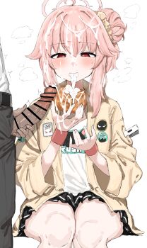 Rule 34 | 1boy, 1girl, absurdres, ahoge, bar censor, blue archive, blush, bow, bukkake, cardigan, censored, collared shirt, cum, cum in mouth, cum on body, cum on clothes, cum on food, cum on hair, erection, facial, gokkun, hair between eyes, hair bun, hair ornament, heart, hetero, highres, kumiyabe, long hair, long sleeves, looking at viewer, natsu (band) (blue archive), natsu (blue archive), open clothes, oral, penis, pink hair, pleated skirt, red eyes, ribbon, school uniform, shirt, simple background, sitting, skirt, solo focus, wet, white background, white shirt