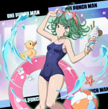 1girl animated animated_gif ball beachball blue_one-piece_swimsuit breasts floating flower food green_eyes green_hair heart-shaped_glasses ice_cream innertube levitation medium_hair official_art one-piece_swimsuit one-punch_man rubber_duck school_swimsuit small_breasts swim_ring swimsuit tagme tatsumaki water_drop