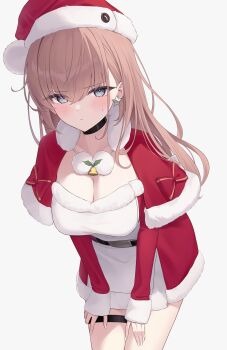 1girl absurdres atlanta_(christmas)_(kancolle) atlanta_(kancolle) black_choker breasts brown_hair capelet choker commentary_request dress earrings fur-trimmed_capelet fur-trimmed_headwear fur-trimmed_sleeves fur_trim grey_eyes hair_down hat highres jewelry kantai_collection large_breasts leaning_forward long_hair looking_at_viewer official_alternate_costume red_capelet red_hat santa_costume santa_dress santa_hat single_earring solo star_(symbol) star_earrings thigh_strap very_long_hair yachima