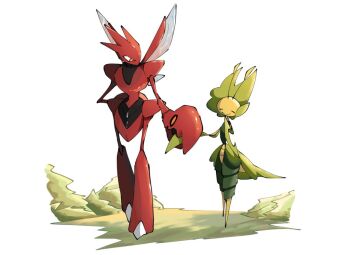 1boy 1girl antennae arthropod_boy arthropod_girl arthropod_limbs closed_eyes colored_skin cracky_002 gen_2_pokemon gen_5_pokemon holding_hands leavanny looking_at_another nintendo orange_eyes pokemon pokemon_(creature) red_skin scizor simple_background smile standing white_background wings yellow_skin