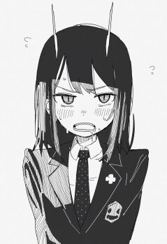 aoki_ruri bags_under_eyes black_hair black_necktie blush collared_shirt cross dot_nose dragon_girl dragon_horns drooling eyebrows_hidden_by_hair fang fangs formal_clothes hatching_(texture) highres horns linear_hatching mouth_drool neck necktie nervous_sweating nose nose_blush ruridragon saliva school_uniform sharp_teeth shirt short_eyebrows simple_background stiff striped_hair suit sweat sweatdrop teeth what_a white_horns