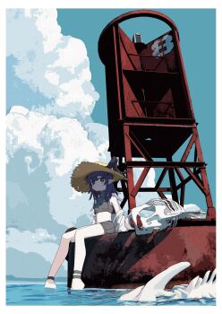 Rule 34 | 1girl, absurdres, border, buoy, hat, highres, horns, looking at viewer, original, pointy ears, purple hair, pusen (puuu sen555), shirt, straw hat, white border, white shirt