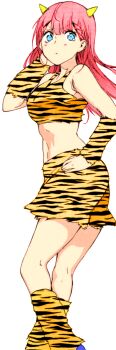 1girl animal_print aqua_eyes arm_up armpits ass bare_shoulders blue_eyes blush bokutachi_wa_benkyou_ga_dekinai breasts camisole cleavage collarbone colorized highres horns kirisu_mafuyu kneehighs large_breasts legs long_hair oni oni_costume pink_hair skirt socks solo standing thighs third-party_edit tiger_print transparent_background tsutsui_taishi