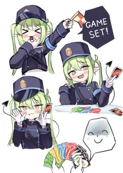 1girl black_tail blue_archive blush card demon_tail flag gloves green_hair hat highres holding holding_card holding_flag long_hair long_sleeves making_faces mesugaki mimukauwa_nice_try_(vocaloid) nozomi_(blue_archive) peaked_cap pointy_ears saku_art3 tail twintails uno_(game) yellow_eyes