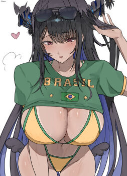 1girl absurdres adjusting_eyewear asymmetrical_horns bikini black_hair blue_hair brazilian_flag brazilian_flag_print brazilian_miku brazilian_miku_(cosplay) breasts cleavage colored_inner_hair cosplay dark-skinned_female dark_skin demon_horns ewn eyewear_on_head flag_print flag_print_bikini green_trim hair_ornament hatsune_miku highres hololive hololive_english horns jewelry large_breasts long_hair looking_at_viewer mole mole_under_eye multicolored_hair navel nerissa_ravencroft print_bikini red_eyes shirt simple_background smile solo sunglasses swimsuit tan tanline tanline_peek two-tone_hair uneven_horns very_long_hair virtual_youtuber vocaloid white_background yellow_bikini