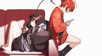 Rule 34 | 2girls, alternate costume, barefoot, black hair, brown hair, cellphone, couch, from side, hair over shoulder, highres, holding, holding phone, hololive, hololive english, hood, hoodie, jacket, knees up, long hair, machina x flayon, multicolored hair, multiple girls, on couch, pako (pakosun), phone, pillow, profile, red hair, red jacket, red shorts, shiori novella, short hair, short shorts, shorts, sitting, smartphone, split-color hair, virtual youtuber, white background, white hair