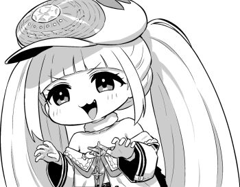 Rule 34 | 1girl, azur lane, azur lane: slow ahead, bare shoulders, chibi, chibi only, dmitri donskoi (azur lane), fang, greyscale, hands up, hat, hori (hori no su), monochrome, official art, open mouth, parka, peaked cap, simple background, solo, twintails, upper body, white background