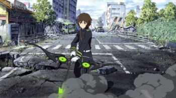 10s 1boy animated animated_gif brown_hair lowres monster owari_no_seraph saotome_yoichi weapon