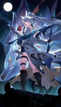 1girl absurdres animal_ear_fluff animal_ears aqua_eyes axe back backless_outfit bare_shoulders black_boots black_gloves black_shorts boots coat commentary_request ecliptic_inner_beast_(honkai:_star_rail) feixiao_(honkai:_star_rail) forehead_jewel fox_ears fox_girl from_behind full_body full_moon gloves gradient_hair green_hair grey_coat grey_hair heart heart_(organ) highres holding holding_axe holding_heart holding_heart_(organ) honkai:_star_rail honkai_(series) long_hair long_sleeves looking_at_viewer looking_back moon multicolored_eyes multicolored_hair night off_shoulder on_roof open_mouth partially_fingerless_gloves ponytail red_eyes shorts solo standing thigh_strap two-tone_eyes very_long_hair wolf ye_xing_caomei