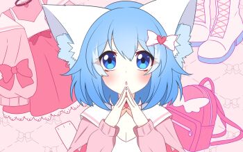 Rule 34 | 1girl, :o, animal ear fluff, animal ears, bag, blue eyes, blue hair, boots, bow, bow background, commentary, dot nose, english commentary, hair bow, highres, holding, holding bag, indie virtual youtuber, multicolored hair, own fingers together, pale skin, pink background, pink sailor collar, sailor collar, short hair, virtual youtuber, white footwear, wolf ears, wolf girl, wolfychu, wolfychu (artist)