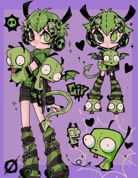+_+ 1boy amatou_akuma animal asymmetrical_sleeves backpack bag bat_wings belt black_nails black_shorts black_sleeves chain character_backpack character_bag character_doll character_name closed_mouth creature creature_and_personification demon demon_boy demon_horns demon_tail demon_wings denim denim_shorts detached_wings doll facing_viewer from_behind full_body gir_(invader_zim) green_eyes green_hair green_jacket green_shoes green_sleeves green_tail green_theme green_trim hair_between_eyes hair_ornament hand_up hands_up headphones heart highres holding holding_animal holding_stuffed_toy horns image_in_speech_bubble invader_zim jacket leg_warmers looking_at_viewer looking_back loose_leg_warmer male_focus monster monster_boy multiple_views nail_polish open_mouth original parted_lips personification pointy_tail purple_background roller_skates shoes short-sleeved_jacket short_hair short_shorts short_sleeves shorts simple_background skates skull skull_print sleeves_past_wrists sparkle speech_bubble standing stitches striped_clothes striped_leg_warmers stuffed_animal stuffed_toy symbol-shaped_pupils tail tongue tongue_out wings zipper zipper_pull_tab
