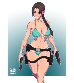 1girl 2010 2020 absurdres bikini bikini_top_lift braid braided_ponytail breasts brown_hair clothes_lift curvy dated gaqs! green_bikini gun handgun highres holding holding_gun holding_weapon lara_croft large_breasts lifting_own_clothes lips long_hair looking_to_the_side messy_hair micro_bikini navel parted_lips shiny_skin single_braid smile solo swimsuit thick_lips thighs tomb_raider very_long_hair weapon wide_hips