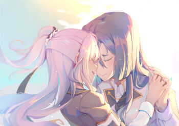 Rule 34 | 2girls, absurdres, black hair, brown jacket, closed eyes, closed mouth, commentary request, face-to-face, facing another, hair between eyes, half updo, highres, holding hands, interlocked fingers, jacket, long hair, long sleeves, multiple girls, one side up, open mouth, origami family's elite guard uniform, origami yukari, pink hair, profile, sidelocks, smile, toji no miko, tsubakuro yume, white jacket, yukikuma (yukikuma 018), yuri