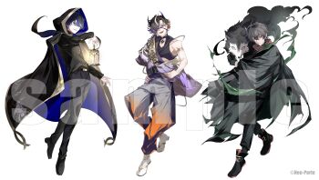 3boys :d absurdres alternate_costume aogiri_eito armlet barbell_piercing belt black_belt black_boots black_cape black_choker black_cloak black_gloves black_hair black_horns black_pants black_shirt black_socks black_tank_top blue_cape blue_hair boots bullet_earrings cape chain choker cloak colored_tips copyright_notice crop_top crossed_bangs demon_boy demon_horns ear_piercing earrings expressionless flower_earrings full_body gloves gold_armlet gradient_horns gradient_pants green_scarf grey_eyes grey_hair grey_pants grin hadanugi_dousa hair_between_eyes hair_over_one_eye hand_up hands_on_own_hips high_collar highres holding holding_lantern hood hood_up hooded_cape horns industrial_piercing japanese_clothes jewelry kimono knee_boots kuga_leo lantern letter_earrings lineup long_sleeves looking_at_viewer male_focus mole mole_under_eye multicolored_hair multicolored_horns multiple_boys neo-porte o-ring official_art onigaya_ten open_kimono open_mouth orange_eyes orange_hair orange_pants pants pants_tucked_in pendant_choker piercing puffy_pants purple_hair purple_horns purple_kimono red_eyes sample_watermark sandals scarf sharp_teeth shirt shirt_tucked_in shoes short_hair simple_background single_bare_shoulder smile socks standing streaked_hair tank_top teeth turtleneck turtleneck_shirt two-sided_cape two-sided_fabric virtual_youtuber watermark white_background white_shoes wolf yonemuro zouri