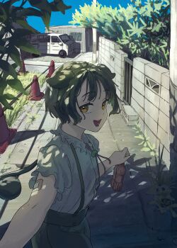 1girl :d absurdres bandaid bandaid_on_arm blouse bottle commentary_request dappled_sunlight gate grass green_eyes green_hair green_pants highres holding holding_bottle motor_vehicle open_mouth outdoors pants plant road san_ten3 shirt shirt_tucked_in short_hair short_sleeves smile solo street sunlight suspenders traffic_cone van voicevox zundamon