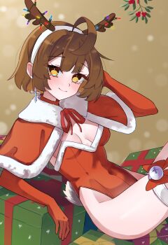 1girl ahoge antlers bell blush bow breasts brown_hair capelet christmas christmas_lights christmas_present closed_mouth commentary covered_navel cross cross_earrings deer_tail earrings elbow_gloves english_commentary fake_antlers fake_tail fur-trimmed_capelet fur-trimmed_leotard fur_trim gift gloves hairband highleg highleg_leotard highres horns jewelry jingle_bell kawa_(magui3) leotard looking_at_viewer magui3 medium_breasts mistletoe original red_bow red_capelet red_gloves red_leotard reindeer_antlers santa_leotard short_hair sitting smile solo strapless strapless_leotard string_lights tail thigh_strap white_hairband yellow_eyes