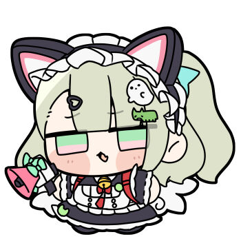 1girl animal_ear_hairband animal_ears bell black_dress blush cat_ear_hairband cat_ears chibi chibi_only commentary_request dress fake_animal_ears fang frilled_dress frilled_sleeves frills full_body ghost_hair_ornament green_eyes green_hair hair_ornament hairband heart heart_hair_ornament highres holding holding_megaphone maid maid_headdress megaphone multicolored_eyes multiple_hair_clips neck_bell necktie no_pupils official_alternate_costume open_mouth pink_eyes ponytail red_bag red_necktie shinonome_nashi simple_background skin_fang solo sunna_(afternoon_tea_break)_(zenless_zone_zero) sunna_(zenless_zone_zero) white_background white_wings winged_bag wings zenless_zone_zero