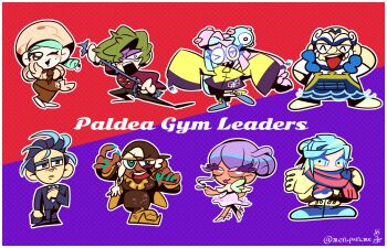 &gt;_o 4boys 4girls :3 absurdres adjusting_clothes adjusting_necktie apron aqua_hair aqua_nails arm_behind_back arm_behind_head ascot backwards_hat bags_under_eyes bald baseball_cap beard black_hair black_jacket black_pants blue_apron blue_boots blue_hair blue_scarf blush blush_stickers boots border braid brassius_(pokemon) briefcase brown_apron brown_ascot brown_dress brown_eyes brown_gloves brown_hat brown_jacket brown_shirt brown_shoes brown_skirt character_hair_ornament chibi chibi_only closed_mouth coat colored_eyelashes commentary_request dark-skinned_female dark_skin dot_nose dress english_text eyelashes facial_hair fingernails formal_clothes full_body gen_1_pokemon gloves green_hair grusha_(pokemon) hair_bun hair_ornament hair_over_one_eye hand_on_own_face hat high_heels highres holding holding_briefcase holding_microphone holding_whip iono_(pokemon) jacket katy_(pokemon) kofu_(pokemon) larry_(pokemon) lips long_hair long_sleeves magnemite mature_female mature_male meruparume microphone mole mole_under_eye multicolored_eyes multicolored_hair multiple_boys multiple_girls nail_polish necktie nintendo one_eye_closed open_clothes open_jacket open_mouth outline oversized_clothes pants pink_hair poke_ball_theme pokemon pokemon_sv puffy_sleeves purple_hair rectangular_eyes rectangular_pupils red_scarf red_shirt ryme_(pokemon) scarf scarf_over_mouth sharp_teeth shirt shoes short_hair single_braid single_hair_bun skirt sleeves_past_fingers sleeves_past_wrists smile spiked_hair standing standing_on_one_leg suit teeth tulip_(pokemon) two-tone_background two-tone_hair two-tone_scarf unibrow upper_teeth_only white_border white_dress white_hair white_outline white_shoes yellow_coat