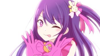 Rule 34 | 1girl, four-finger heart hands, :p, commentary, english commentary, gloves, hair ornament, heart, heart hands, highres, hoshino ai, idol, idol clothes, one eye closed, oshi no ko, pink gloves, pink ribbon, purple hair, rabbit hair ornament, ribbon, side ponytail, solo, star-shaped pupils, star (symbol), star hair ornament, star in eye, symbol-shaped pupils, symbol in eye, tongue, tongue out, white background, wolfychu (artist)