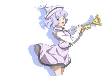 1girl gyouza_(mhea5724) hat highres holding holding_instrument holding_trumpet instrument long_sleeves merlin_prismriver open_mouth puffy_long_sleeves puffy_sleeves purple_hair purple_hat purple_skirt purple_vest shadow shirt skirt smile solo touhou trumpet vest white_background white_shirt wind wind_lift