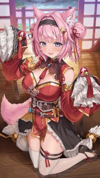 1girl animal_ear_fluff animal_ears asymmetrical_legwear black_shoes braid braided_hair_rings breasts cleavage commentary_request detached_sleeves double_bun dress fishnet_thighhighs fishnets fox_ears fox_girl fox_tail hair_bun hair_rings hakui_koyori highres hololive indoors kamo_ashi large_breasts long_sleeves looking_at_viewer mismatched_legwear open_mouth pink_hair purple_eyes red_dress shoes short_hair tail thighhighs virtual_youtuber white_thighhighs wooden_floor