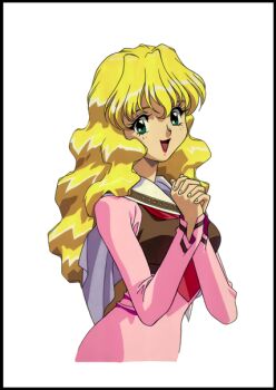 Rule 34 | 1990s (style), 1girl, aqua eyes, black border, blonde hair, border, capelet, cropped torso, eberouge, interlocked fingers, long hair, long sleeves, non-web source, official art, open mouth, own hands together, retro artstyle, simple background, solo, white background