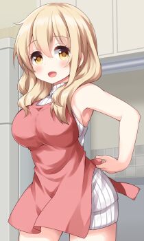 1girl apron bare_arms bare_shoulders blonde_hair blush breasts commentary_request cowboy_shot double-parted_bangs hair_between_eyes highres indoors large_breasts long_hair open_mouth pink_apron ruu_(tksymkw) sleeveless sleeveless_sweater sleeveless_turtleneck solo sunohara_ayaka sunoharasou_no_kanrinin-san sweater turtleneck turtleneck_sweater tying_apron white_sweater yellow_eyes