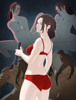 1boy 1girl absurdres ass bare_arms bare_back bra breasts brown_hair claire_redfield closed_eyes commentary completely_nude english_commentary fellatio flashlight green_eyes grin hair_between_eyes highres holding holding_flashlight jewelry licking licking_penis looking_back medium_breasts medium_hair missionary multiple_views necklace nude open_mouth oral panties penis pomelomelon ponytail red_bra red_panties resident_evil sex smile spread_legs thighs underwear underwear_only vaginal