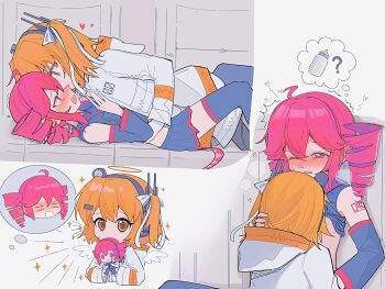 2girls a.i._voice adachi_rei ahoge angel_wings blush breast_sucking character_doll chibi chibi_inset clothes_lift detached_sleeves detached_wings doll drill_hair grey_shirt grey_skirt hair_ribbon halo hashtag-only_commentary headlamp highres holding holding_doll hood hood_down hooded_jacket image_in_thought_bubble jacket kasane_teto kasane_teto_(utau) kimmy6710223 long_sleeves looking_at_another lying lying_on_person medium_hair mini_wings miniskirt multiple_girls multiple_views on_back one_side_up orange_eyes orange_hair pleated_skirt radio_antenna red_hair ribbon shirt shirt_lift skirt sleeveless sleeveless_shirt sparkle speech_bubble thighhighs thought_bubble traditional_halo twin_drills utau white_jacket white_ribbon wings yuri