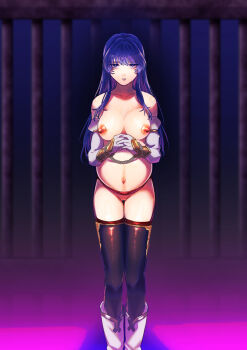 1girl blue_eyes blue_hair boots breasts breasts_apart caeda_(fire_emblem) chain chained chained_wrists cuffs female_focus female_prisoner fire_emblem fire_emblem:_shadow_dragon handcuffed handcuffs higashinogozou highres huge_belly long_hair looking_at_viewer navel nintendo nipples parted_lips pregnant prisoner pussy slave standing story_at_source wrists_chained_together