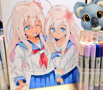 Rule 34 | 2girls, alakoala, blonde hair, blue eyes, blue sailor collar, blue skirt, censored, collarbone, commentary request, cowboy shot, double-parted bangs, emoji, emoji censor, flower, hair between eyes, hair flower, hair ornament, kantai collection, long hair, long sidelocks, long sleeves, looking at another, marker (medium), multiple girls, multiple persona, neckerchief, one eye closed, open mouth, photo (medium), pink flower, pleated skirt, red neckerchief, ro-500 (kancolle), sailor collar, shikishi, shirt, sidelocks, skirt, tan, teeth, traditional media, u-511 (kancolle), upper teeth only, white shirt