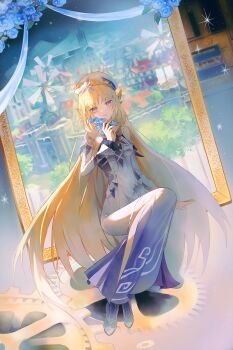 1girl absurdres bare_shoulders blonde_hair blue_flower boots breasts closed_mouth commentary_request cross-shaped_pupils detached_sleeves dress flower genshin_impact hat highres holding holding_flower long_hair long_sleeves looking_at_viewer medium_breasts nicole_(genshin_impact) pantyhose pelvic_curtain picture_frame ria_(ria_tt2) sitting smile solo symbol-shaped_pupils very_long_hair white_boots white_dress white_hat white_pantyhose white_sleeves witch
