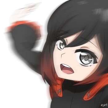 1girl ar_jart artist_name black_dress black_hair blurry cape close-up dress gradient_hair grey_eyes long_sleeves looking_at_viewer motion_blur multicolored_hair open_mouth red_cape red_hair ruby_rose rwby short_hair slapping smile solo white_background