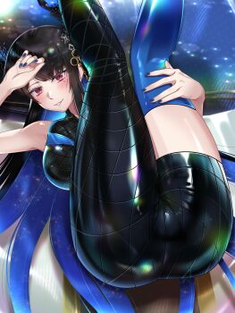 1girl black_bodysuit blue_hair blue_nails blue_thighhighs bodysuit colored_inner_hair flower_knot fortissimo hair_ornament highres hololive hololive_english legs_up liyan1112 long_hair looking_at_viewer lying mole mole_under_eye multicolored_hair musical_note musical_note_hair_ornament nail_polish nerissa_ravencroft on_back parted_lips purple_hair single_leg_bodysuit single_thighhigh tassel tassel_hair_ornament thighhighs very_long_hair virtual_youtuber