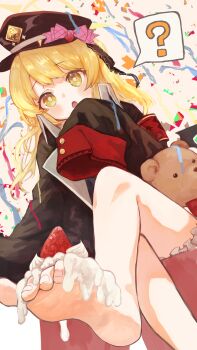 1girl :o ? absurdres armband barefoot black_hat black_jacket black_ribbon blonde_hair bloomers blue_archive blush_stickers bow bright_pupils commentary_request confetti cream crossed_legs demon_girl demon_wings dutch_angle feet food food_on_foot foot_focus foot_out_of_frame foreshortening from_below fruit hair_between_eyes hair_ribbon hand_up hat hat_bow hat_ornament heart heart_hat_ornament highres ibuki_(blue_archive) jacket loli long_hair looking_at_viewer open_mouth partial_commentary peaked_cap pink_bow red_armband ribbon shimeji_take simple_background sitting sleeves_past_fingers sleeves_past_wrists soles solo speech_bubble spoken_question_mark strawberry stuffed_animal stuffed_toy teddy_bear toenails toes underwear white_background white_bloomers wide_sleeves wings yellow_eyes