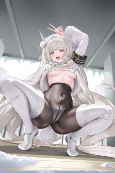 1girl absurdres black_pantyhose blanc_(fortune_express)_(nikke) blanc_(nikke) boots bra breasts coat commentary_request dysoor goddess_of_victory:_nikke hat highres long_hair medium_breasts official_alternate_costume open_mouth panties panties_under_pantyhose pantyhose smile snow solo squatting twintails underwear very_long_hair white_boots white_bra white_coat white_hair white_hat white_panties winter_clothes winter_coat wooden_floor yellow_eyes
