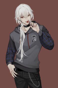 1boy a_date_with_death absurdres black_jacket candy casper_(a_date_with_death) contrapposto cowboy_shot food grid_print hair_over_shoulder hand_in_pocket highres hood hood_down jacket jellyfish_cut lollipop looking_at_viewer male_focus official_art promotional_art red_eyes sharp_teeth solo standing teeth variant_set white_hair