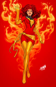 1girl artist_logo bodysuit boots breasts character_logo commentary covered_navel dark_persona dated david_nakayama elbow_gloves english_commentary fire floating_hair full_body gloves gold_boots gold_gloves grin highres jean_grey linea_alba logo long_hair marvel medium_breasts no_pupils official_alternate_costume official_art phoenix_(x-men) pyrokinesis red_background red_bodysuit red_hair red_lips red_theme sash smile solo superhero_costume thigh_boots western_comics_(style) x-men yellow_sash