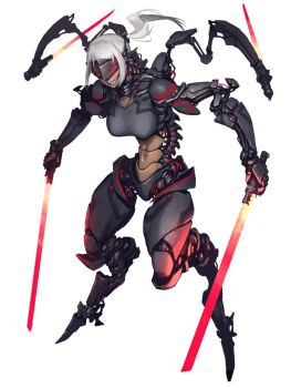 1girl android breasts dairoku_ryouhei full_body glowing grey_hair head-mounted_display hetza_(hellshock) holding holding_sword holding_weapon large_breasts long_hair mechanical mechanical_arms mechanical_legs ponytail sharp_teeth smile solo spine standing sword teeth transparent_background weapon