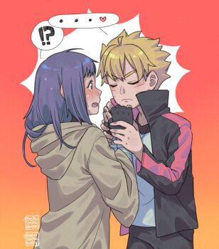 !? ... 1boy 1girl ariamikukanzaki black_gloves black_jacket blonde_hair blush boruto:_naruto_next_generations brown_coat closed_eyes coat commentary facial_mark fingerless_gloves frown gloves hetero holding_another's_wrist hood hooded_coat jacket kakei_sumire naruto_(series) open_mouth purple_hair shirt signature spoken_ellipsis spoken_interrobang sweat uzumaki_boruto whisker_markings white_shirt