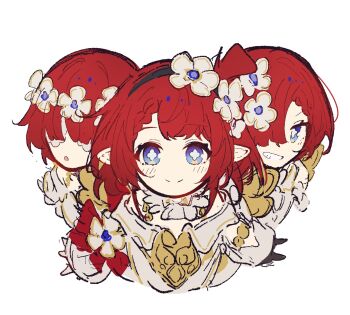 Rule 34 | 3girls, bare shoulders, black gloves, black hairband, blue eyes, blush, bright pupils, closed mouth, commentary request, covered eyes, dress, flower, flower-shaped pupils, gloves, hair flower, hair ornament, hair over eyes, hair over one eye, hairband, head wreath, highres, honkai: star rail, honkai (series), long sleeves, looking at viewer, mini wings, multiple girls, newtec729, off-shoulder dress, off shoulder, open mouth, pointy ears, puffy long sleeves, puffy sleeves, red hair, sailor collar, short hair, sidelocks, simple background, smile, symbol-shaped pupils, teeth, trianne (honkai: star rail), tribbie (honkai: star rail), trinnon (honkai: star rail), triplets, upper body, white background, white dress, white flower, white pupils, wings