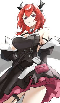 1girl absurdres arknights arknights:_endfield arm_behind_back arm_strap bare_shoulders black_dress black_gloves black_horns breasts closed_mouth cowboy_shot crossed_bangs dress gloves hair_between_eyes hand_on_own_hip hashtag-only_commentary highres horns laevatain_(arknights) looking_at_viewer medium_breasts medium_hair pink_dress pink_eyes red_hair solo standing surtr_(arknights) white_background yagi000
