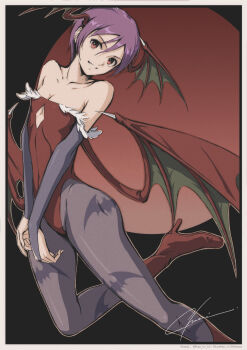 1girl absurdres animal_print bare_shoulders bat_print bat_wings black_background boots border bridal_gauntlets clothing_cutout collarbone darkstalkers diamond_cutout flat_chest hair_between_eyes head_wings high_heel_boots high_heels highres leotard lilith_(darkstalkers) looking_at_viewer moon pantyhose print_pantyhose purple_hair red_boots red_leotard red_moon short_hair signature solo strapless strapless_leotard tyanoki white_border wings