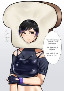 1girl black_gloves black_hair blush bread bread_slice breasts colored_tips commentary crop_top embarrassed english_commentary english_text fingerless_gloves food gloves highres holding_own_arm master_sick_art medium_breasts multi-strapped_camisole multicolored_hair purple_hair reina_(tekken) short_hair solo speech_bubble tekken tekken_8 toast what