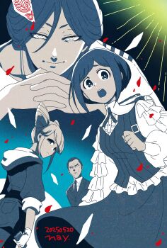 Rule 34 | 2boys, 2girls, absurdres, artist name, black eyes, blonde hair, blue hair, blue jacket, blue necktie, blue pants, blue skirt, blue vest, center frills, closed mouth, collared shirt, cone hair bun, dated, double bun, falling petals, formal clothes, frilled shirt, frills, fukurai azami, gloves, hair between eyes, hair bun, highres, holding, holding phone, hood, hood down, hoodie, interlocked fingers, jacket, jasmine (toshi densetsu kaitai center), looking at viewer, looking back, may pinya, meguriya ayumu, multiple boys, multiple girls, necktie, open mouth, own hands together, pants, partially fingerless gloves, petals, phone, puffy sleeves, red petals, shirt, short hair, skirt, sleeves rolled up, smile, standing, suit, suit jacket, teeth, tomiiri junzo, toshi densetsu kaitai center, upper teeth only, vest, watermark, white eyes, white gloves, white shirt