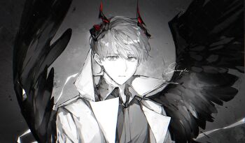 1boy black_hair black_shirt black_wings coat collared_shirt crying crying_with_eyes_open demon_horns feathered_wings highres horns kim_dokja light_particles looking_at_viewer male_focus omniscient_reader&#039;s_viewpoint open_clothes open_coat parted_lips popped_collar sad shirt short_hair solo spot_color tears twle upper_body wings